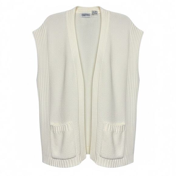 Vintage Cream Sweater Vest Open Front Pockets Knit Cardigan Grandmacore Womens S - Picture 2 of 12